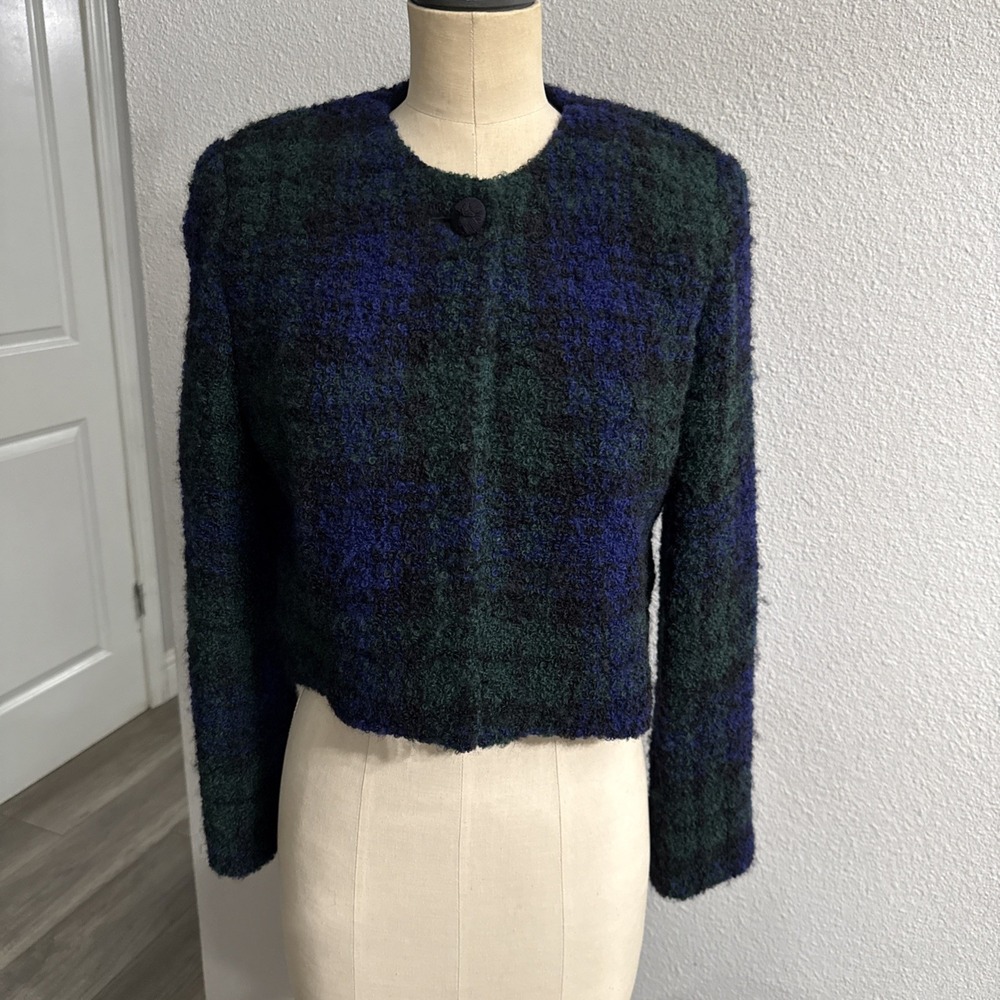 Vintage 90's Ellen Tracy Blue Green Plaid Cropped Wool Blazer